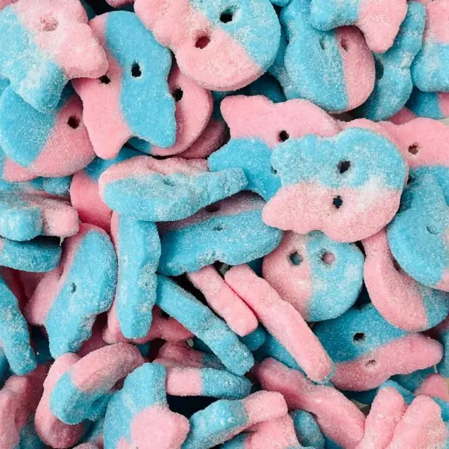 Pink and blue sugar-coated BUBS foam skulls
