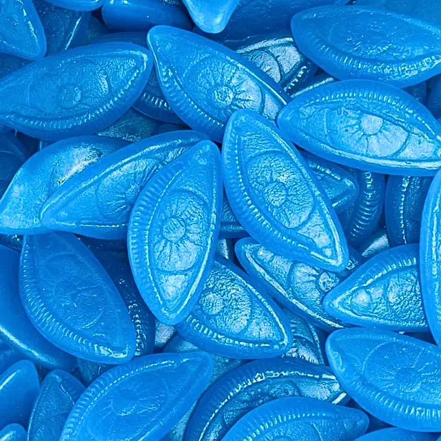 Bright blue chewy candies shaped like eyes