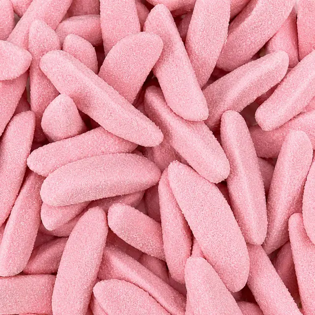 Pink sugar-coated gummies shaped like bananas