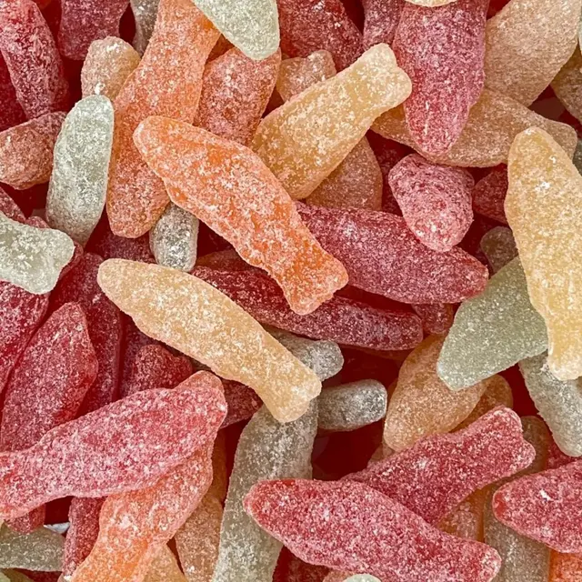Red, orange, yellow, and green sugar-coated fish candies