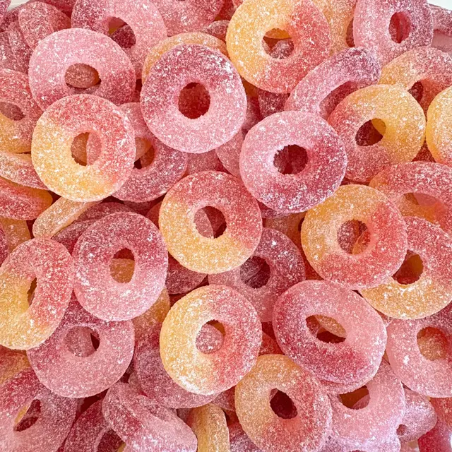 Pink, orange, and yellow sugar-coated candy rings