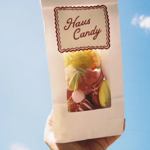 A Haus Candy Co. bag filled with colorful mixed candy